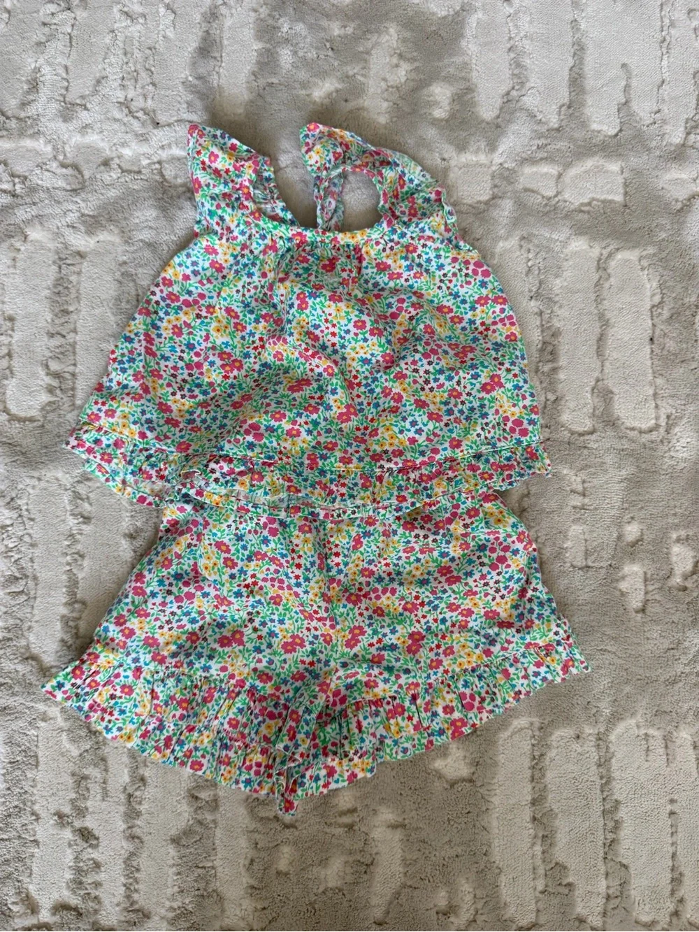 GAP Floral Ruffle Tank & Shorts Set - White with Pink, Green, Yellow, Blue